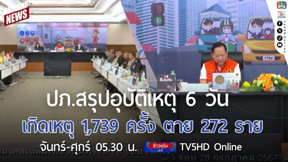 ปภ.สรุปอุบัติเหตุ 6 วัน เกิดเหตุ 1,739 ครั้ง ตาย 272 ราย