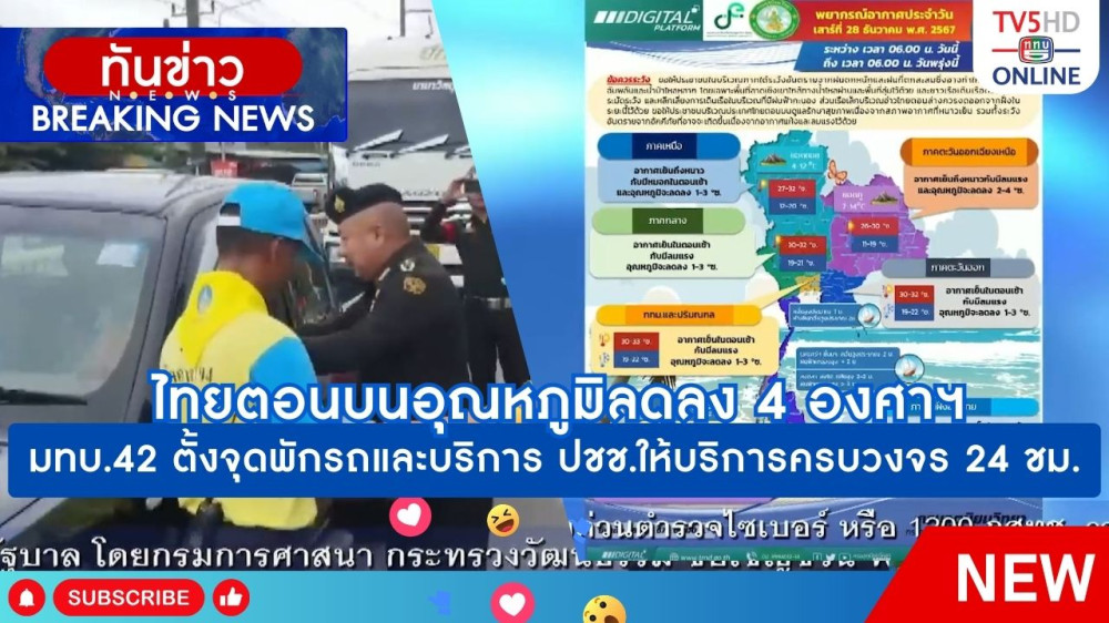 ไทยตอนบนอุณหภูมิลดลง 4 องศาฯ + มทบ.42 ตั้งจุดพักรถและบริการประชาชน ให้บริการครบวงจร 24 ชม.