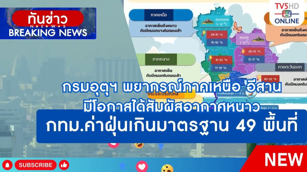 กรมอุตุฯ พยากรณ์ภาคเหนือ อีสานมีโอกาสได้สัมผัสอากาศหนาว + กทม.ค่าฝุ่นเกินมาตรฐาน 49 พื้นที่