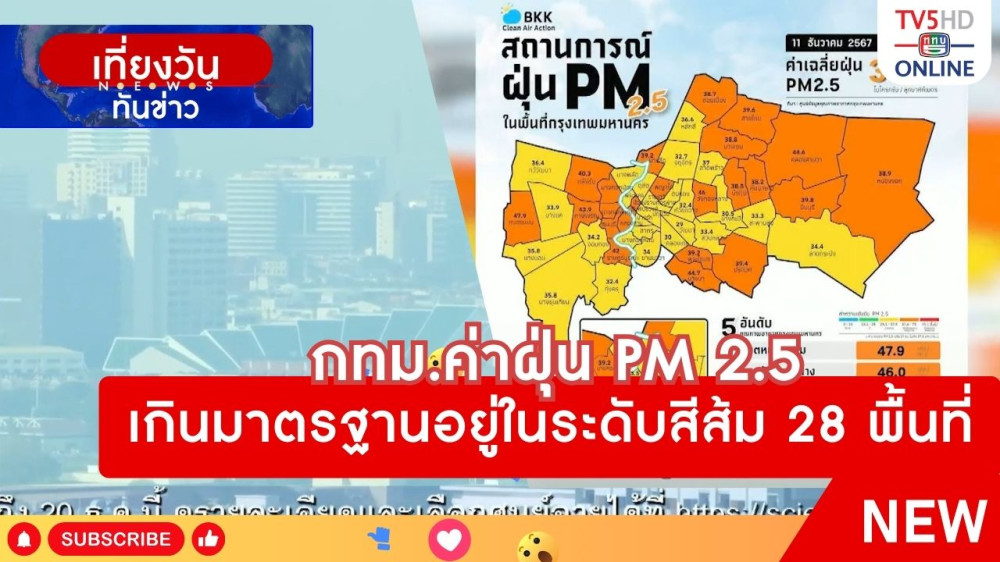 กทม.ค่าฝุ่น PM 2.5 เกินมาตรฐานอยู่ในระดับสีส้ม 28 พื้นที่