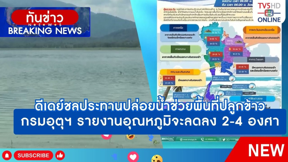 ดีเดย์ชลประทานปล่อยน้ำช่วยพื้นที่ปลูกข้าว + กรมอุตุนิยมวิทยารายงานอุณหภูมิจะลดลง 2-4 องศาเซลเซียส