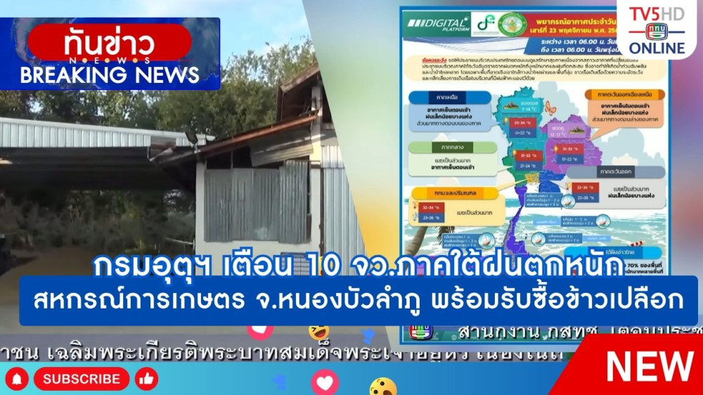 กรมอุตุนิยมวิทยาเตือน 10 จังหวัดภาคใต้ฝนตกหนัก + สหกรณ์การเกษตร จ.หนองบัวลำภู พร้อมรับซื้อข้าวเปลือกเชื่ออนาคตราคาข้าวสูงขึ้น