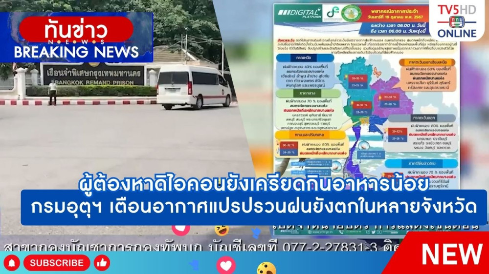 ผู้ต้องหาดิไอคอนยังเครียดกินอาหารน้อย + กรมอุตุฯ เตือนอากาศแปรปรวนฝนยังตกในหลายจังหวัด