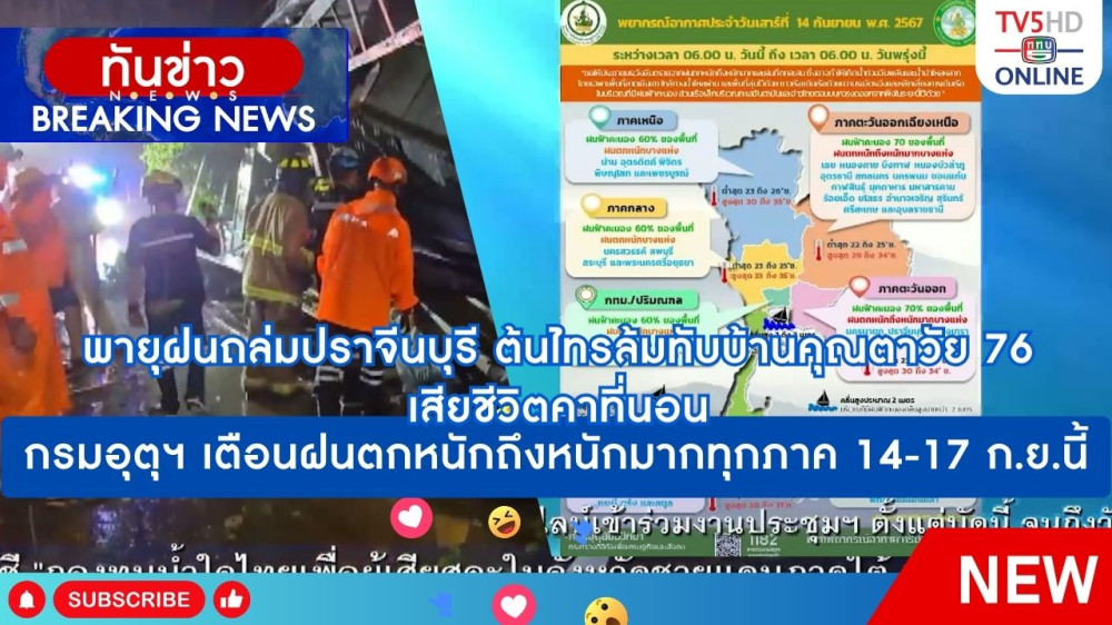 พายุฝนถล่มปราจีนบุรี ต้นไทรล้มทับบ้านคุณตาวัย 76 เสียชีวิตคาที่นอน + กรมอุตุฯ เตือนฝนตกหนักถึงหนักมากทุกภาค 14-17 ก.ย.67