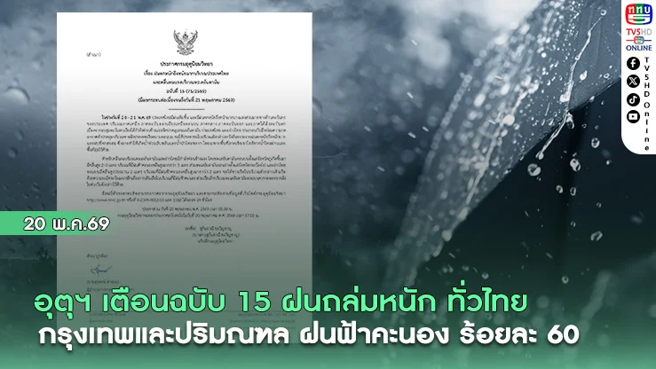 อุตุฯ เตือนฉบับ 15 ฝนถล่มหนัก ทั่วไทย  กรุงเทพและปริมณฑล ฝนฟ้าคะนอง ร้อยละ 60