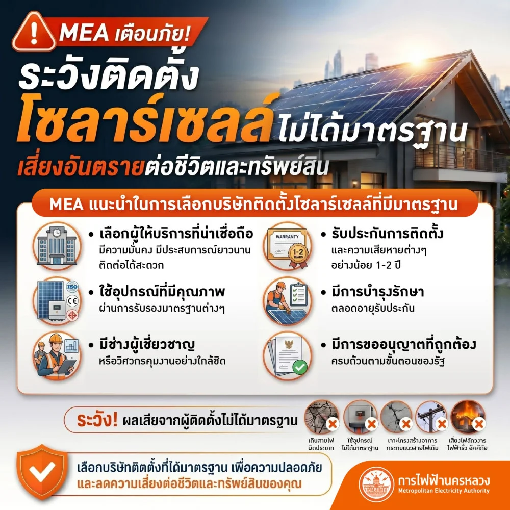 MEA เตือนภัย! ระวังติดตั้งโซลาร์เซลล์ไม่ได้มาตรฐาน เสี่ยงอันตรายต่อทรัพย์สินและชีวิต