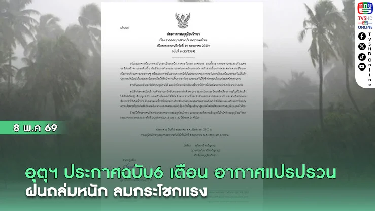 อุตุฯ ประกาศฉบับ6 เตือน อากาศแปรปรวน ฝนถล่มหนัก ลมกระโชกแรง
