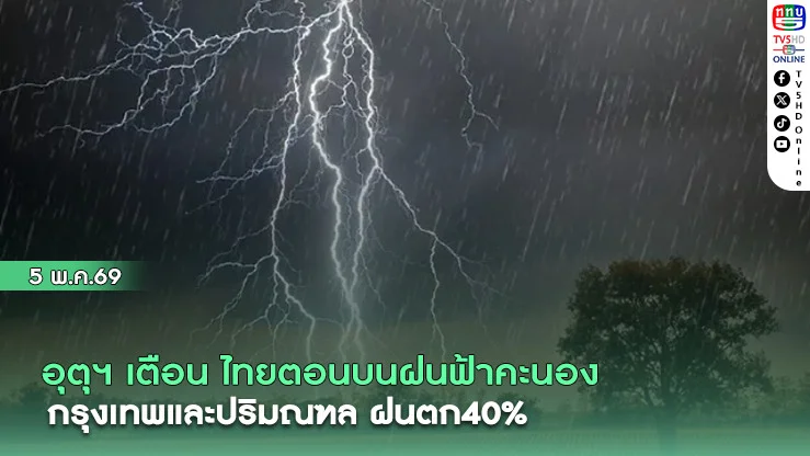 อุตุฯ เตือน ไทยตอนบนฝนฟ้าคะนอง ฝนตกหนักบางแห่ง กรุงเทพและปริมณฑล ฝนตก40%