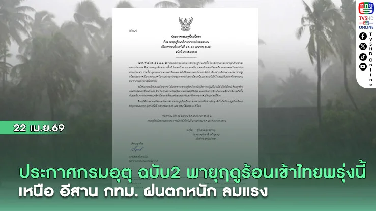 ประกาศกรมอุตุ ฉบับ2  พายุฤดูร้อนเข้าไทยพรุ่งนี้ เหนือ อีสาน กทม. ฝนตกหนัก ลมแรง