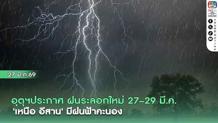 อุตุ ประกาศ ฝนระลอกใหม่ 27–29 มี.ค. 'เหนือ อีสาน' ฟ้าคะนอง ลูกเห็บตก