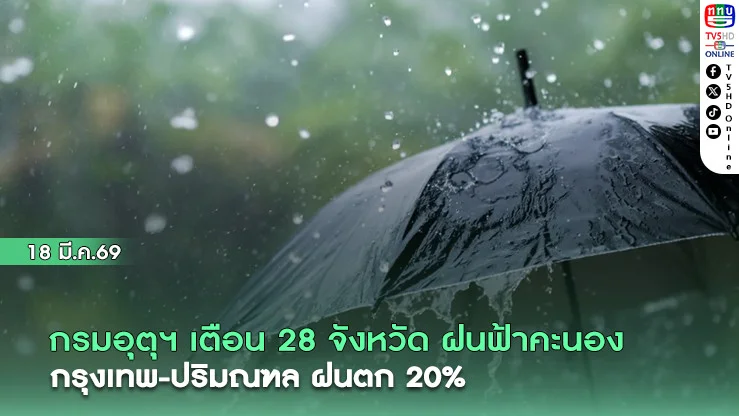 กรมอุตุฯ เตือน 28 จังหวัด ฝนฟ้าคะนอง กรุงเทพ-ปริมณฑล ฝนตก 20%