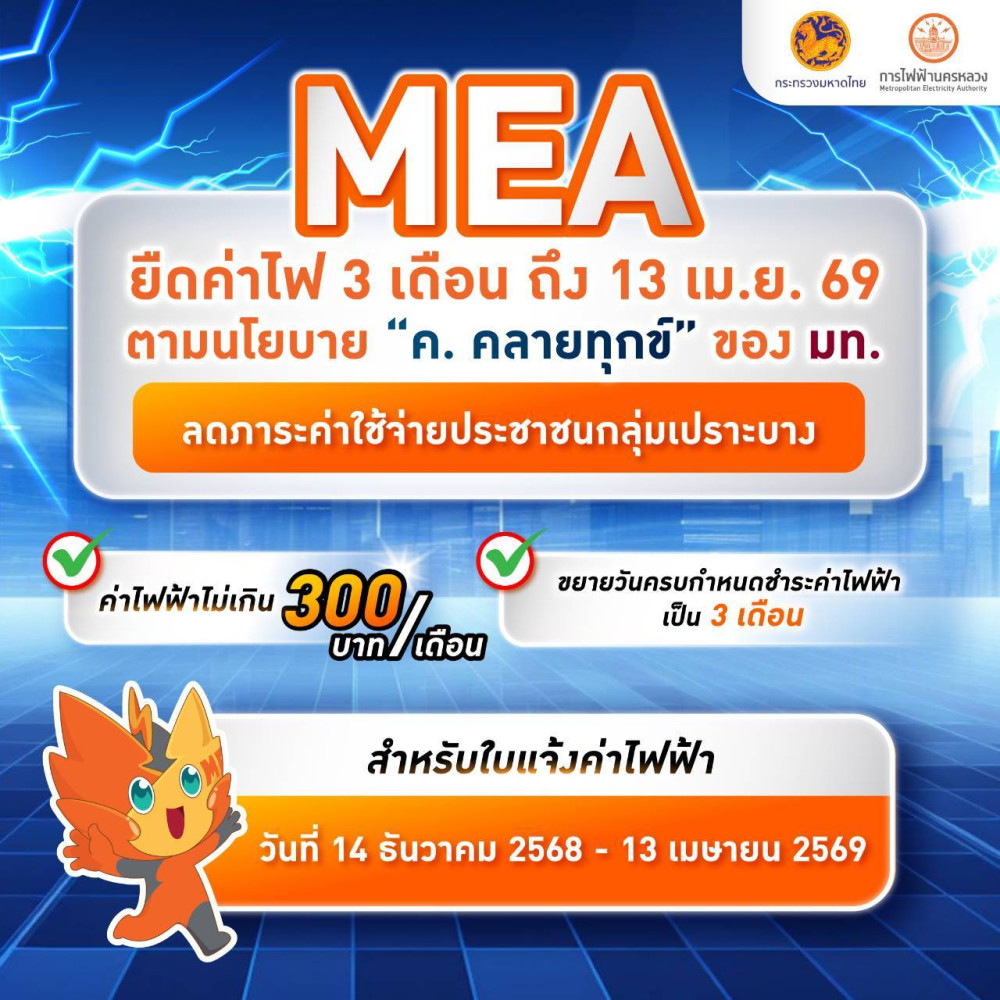 MEA ยืดค่าไฟ 3 เดือน ถึง 13 เม.ย. 69 ตามนโยบาย "ค. คลายทุกข์" ของ มท.