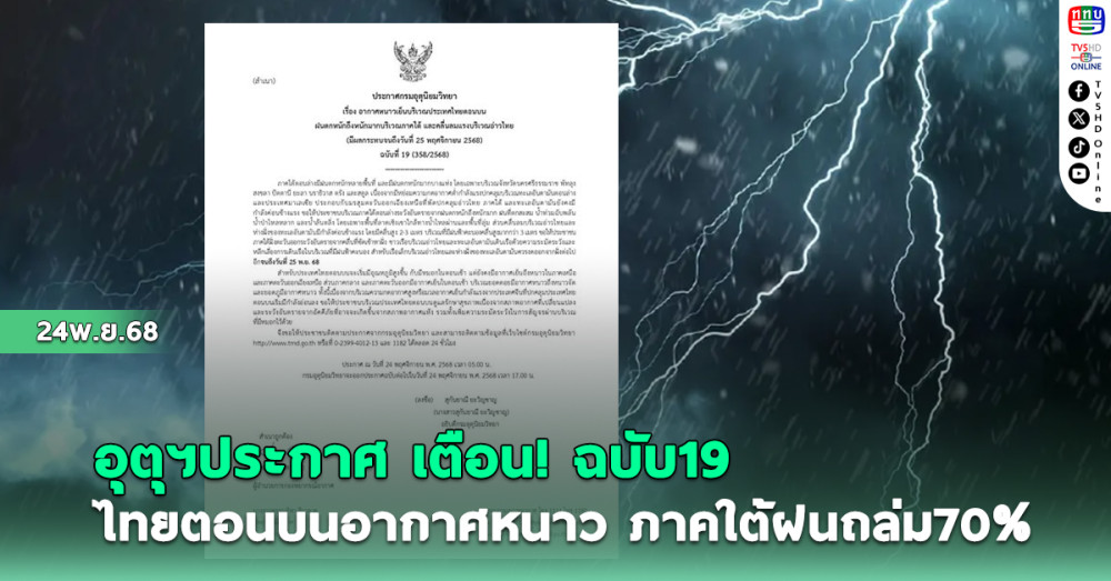 อุตุฯประกาศเตือน ฉบับ19 ไทยตอนบนอากาศหนาว ภาคใต้ฝนถล่ม70%