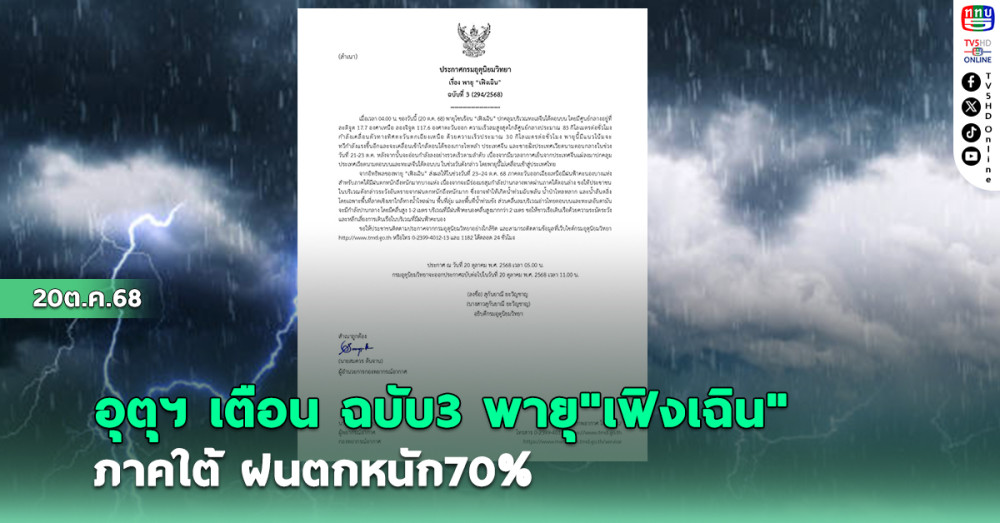 อุตุฯ เตือน ฉบับ3พายุ"เฟิงเฉิน" ภาคใต้ฝนตกหนัก70%