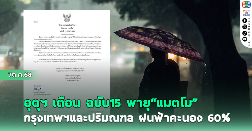  อุตุฯ ประกาศฉบับ 15 พายุ "แมตโม"  กรุงเทพฯ และปริมณฑล ฝนฟ้าคะนอง 60%