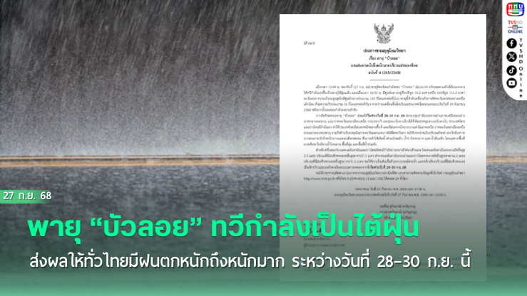 เตือนฉบับ 4 พายุบัวลอย ทวีกําลังเป็นไต้ฝุ่น ฝนตกหนักถึงหนักมาก 28-30 ก.ย. นี้