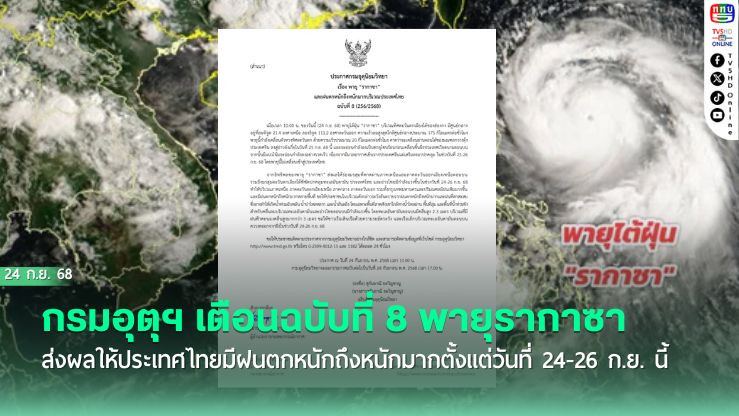 กรมอุตุฯ เตือนฉบับที่ 8 เรื่องพายุไต้ฝุ่น "รากาซา" คาดว่าจะส่งผลให้ประเทศไทยมีฝนตกหนักถึงหนักมากตั้งแต่วันที่ 24-26 ก.ย. นี้