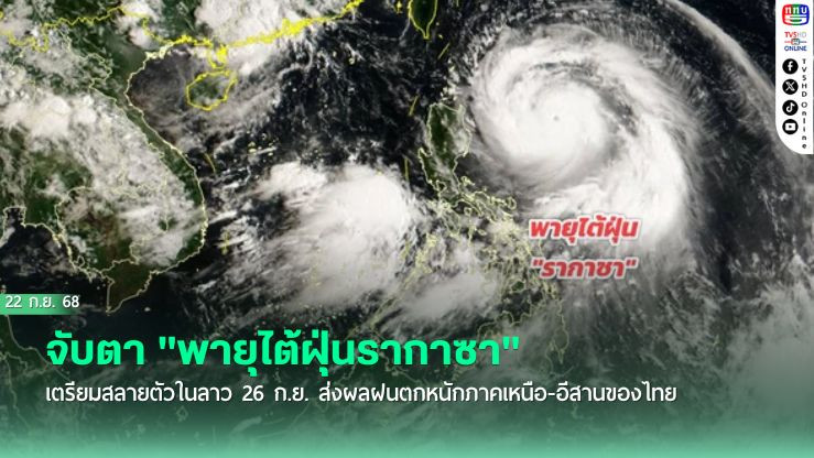 จับตา "พายุไต้ฝุ่นรากาซา" เตรียมสลายตัวในลาว 26 ก.ย. ส่งผลฝนตกหนักภาคเหนือ-อีสานของไทย