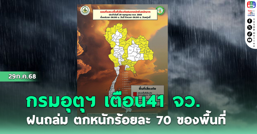 กรมอุตุฯ เตือน41 จว. ฝนถล่ม ตกหนักร้อยละ 70 ของพื้นที่