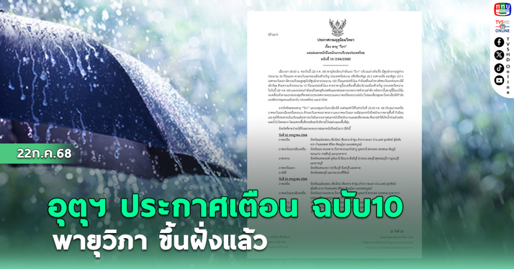 อุตุ ประกาศเตือน ฉบับ 10 พายุวิภา ขึ้นฝั่งแล้ว
