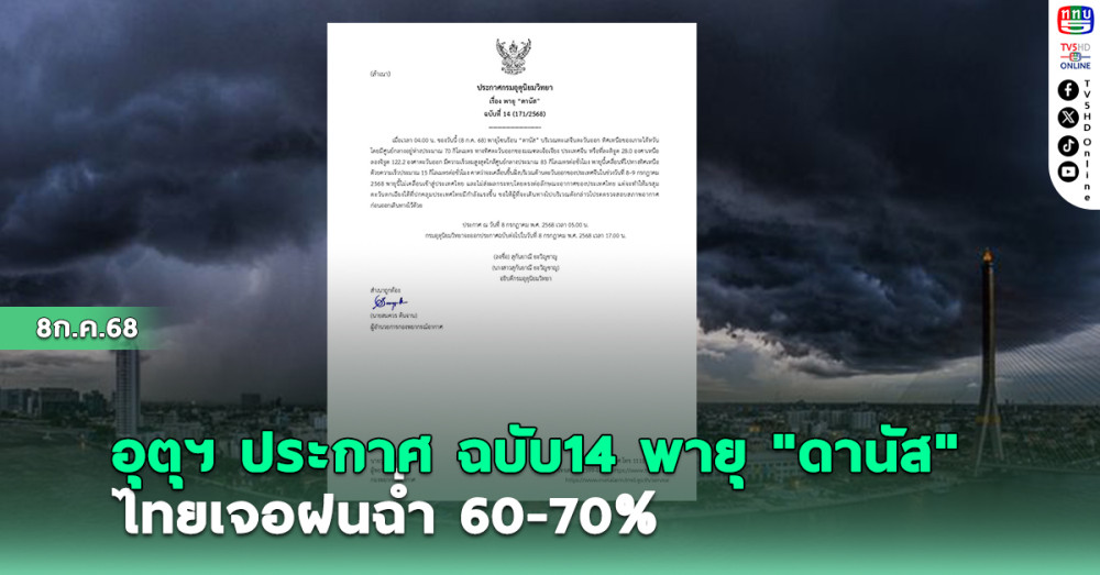 อุตุฯ ประกาศ ฉบับ14 พายุ "ดานัส" ไทยเจอฝนฉ่ำ 60-70%