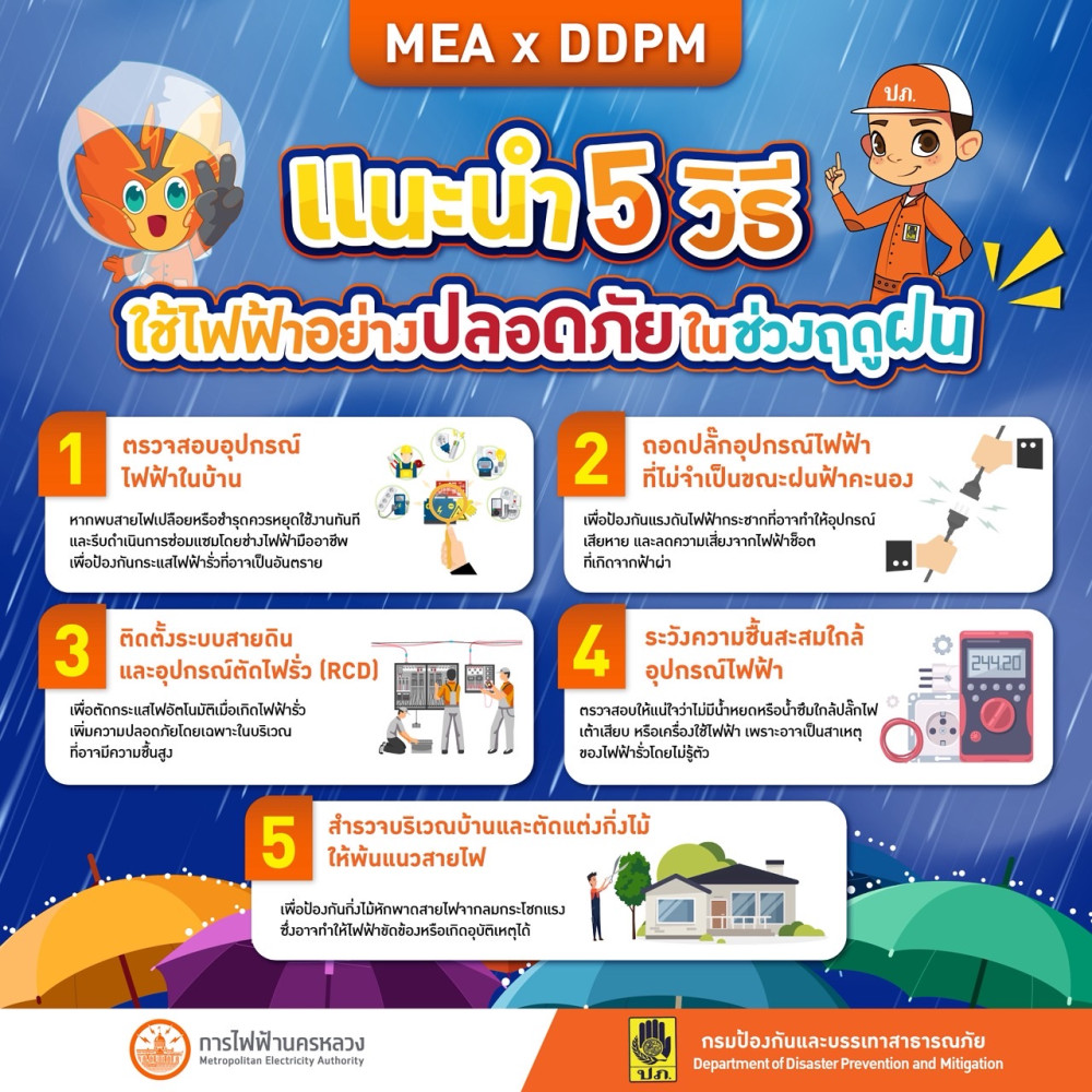 MEA x DDPM แนะนำ 5 วิธีใช้ไฟฟ้าอย่างปลอดภัยในช่วงฤดูฝน