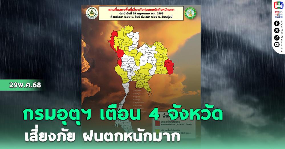 กรมอุตุฯ เตือน 4 จังหวัด เสี่ยงภัยฝนตกหนักมาก