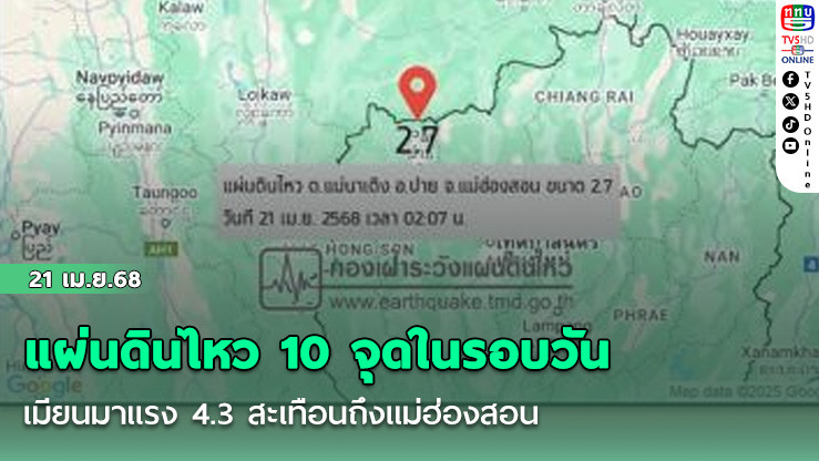 แผ่นดินไหว 10 จุดในรอบวัน เมียนมาแรง 4.3 สะเทือนถึงแม่ฮ่องสอน  