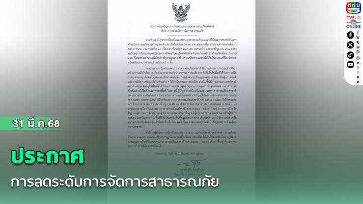 ประกาศกองบัญชาการป้องกันและบรรเทาสาธารณภัยแห่งชาติ เรื่อง การลดระดับการจัดการสาธารณภัย