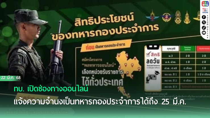 ทบ. เปิดช่องทางออนไลน์ แจ้งความจำนงเป็นทหารกองประจำการได้ถึง 25 มี.ค.