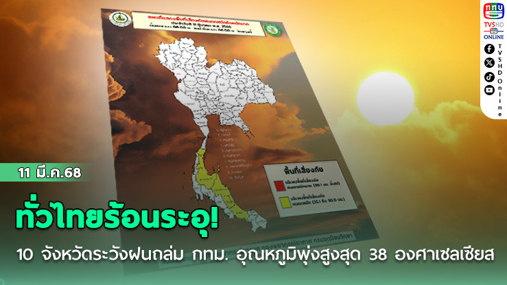 ทั่วไทยร้อนระอุ! 10 จังหวัดระวังฝนถล่ม กทม. อุณหภูมิพุ่งสูงสุด 38 องศาเซลเซียส