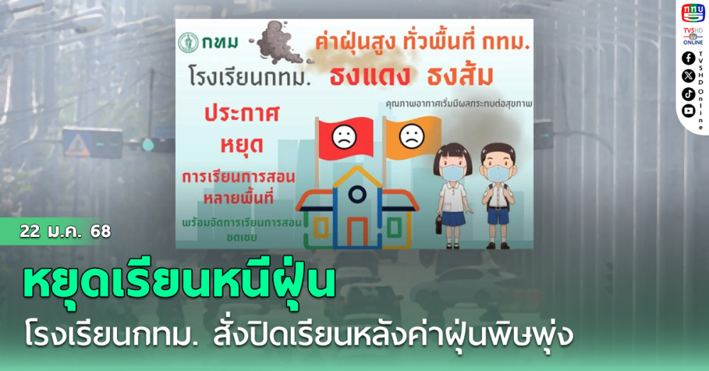 โรงเรียนกทม. สั่งปิดเรียนแล้ว 103 แห่ง หลังฝุ่นพิษพุ่งเกินมาตรฐาน