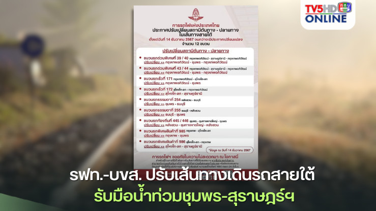 รฟท.-บขส. ปรับเส้นทางเดินรถสายใต้ รับมือน้ำท่วมชุมพร-สุราษฎร์ฯ