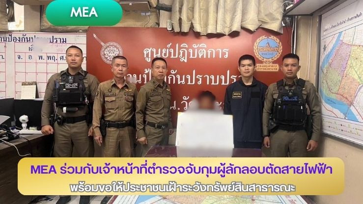 MEA ร่วมกับเจ้าหน้าที่ตำรวจจับกุมผู้ลักลอบตัดสายไฟฟ้า พร้อมขอให้ประชาชนเฝ้าระวังทรัพย์สินสาธารณะ