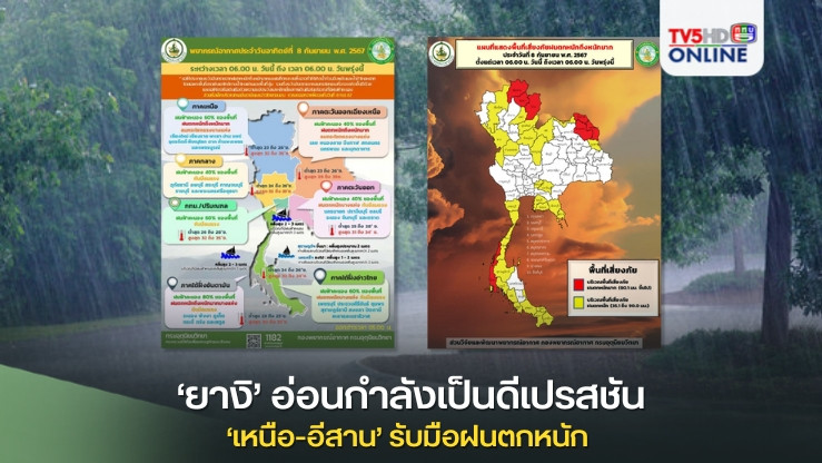 ‘ยางิ’อ่อนกำลัง อุตุฯเตือนฉบับ19 ‘ยางิ’อ่อนกำลังเป็นดีเปรสชัน ‘เหนือ-อีสาน’ยังต้องรับมือฝนตกหนัก