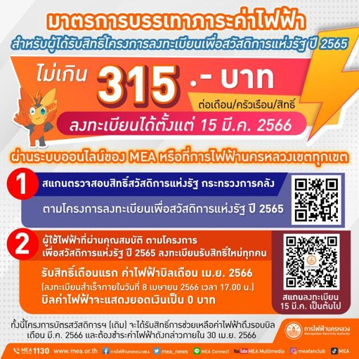 MEA แจ้งผู้มีสิทธิ์สวัสดิการแห่งรัฐที่ยังไม่เคยลงทะเบียนรับสิทธิ์มาตรการบรรเทาภาระค่าไฟฟ้า สามารถลงทะเบียนได้ต่อเนื่อง