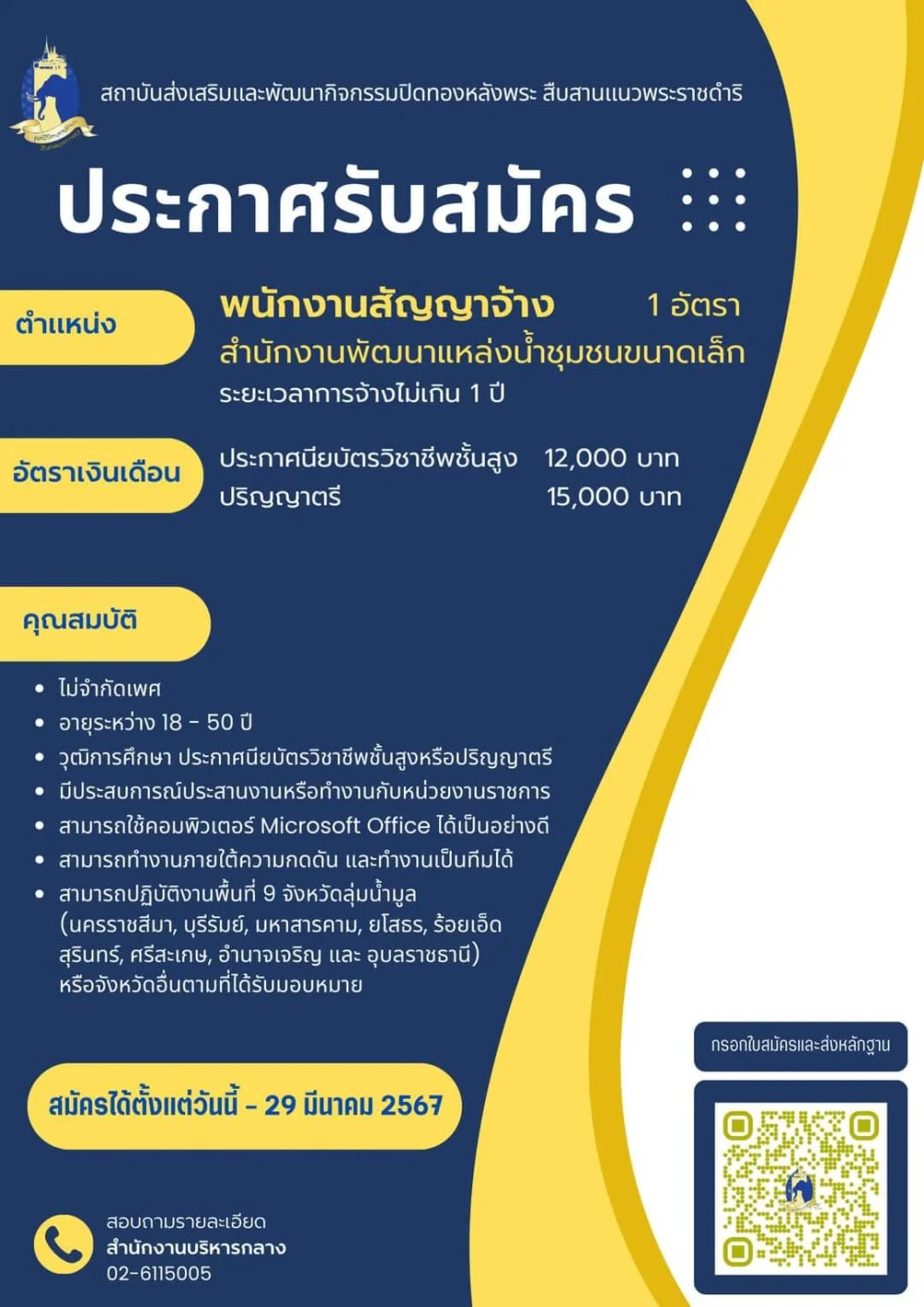 ประกาศรับสมัครคัดเลือกบุคลากรเข้าปฏิบัติงานเป็นพนักงานสำนักงานพัฒนาแหล่งน้ำชุมชนขนาดเล็ก สถาบันส่งเสริมและพัฒนากิจกรรมปิดทองหลังพระฯ
