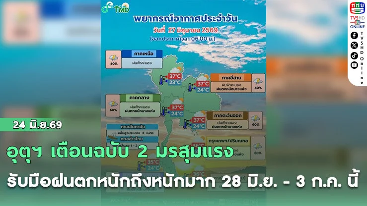 อุตุฯ เตือนฉบับ 2 มรสุมแรงรับมือฝนตกหนักถึงหนักมาก 28 มิ.ย. - 3 ก.ค. นี้