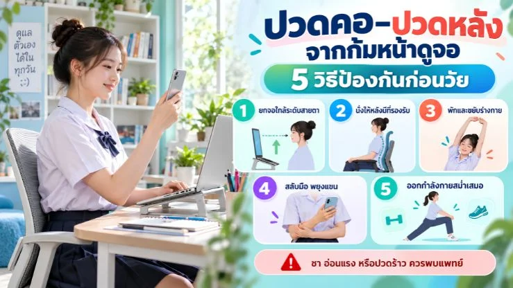 “ปวดคอ–ปวดหลังจากก้มหน้าดูจอ” 5 วิธีป้องกันอาการออฟฟิศซินโดรมก่อนวัย
