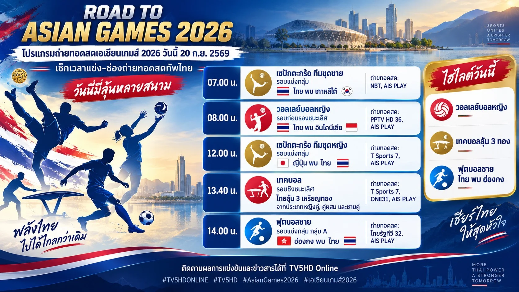 เชียร์ไทยวันนี้! วอลเลย์บอล–ตะกร้อ–เทคบอล–ช้างศึกลุยเอเชียนเกมส์