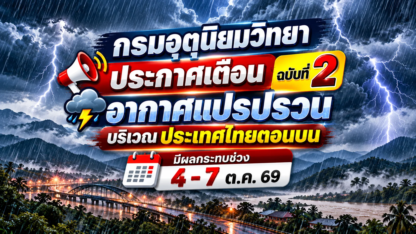 กรมอุตุฯ ประกาศ เตือน ฉบับ2 อากาศแปรปรวนบริเวณประเทศไทยตอนบน