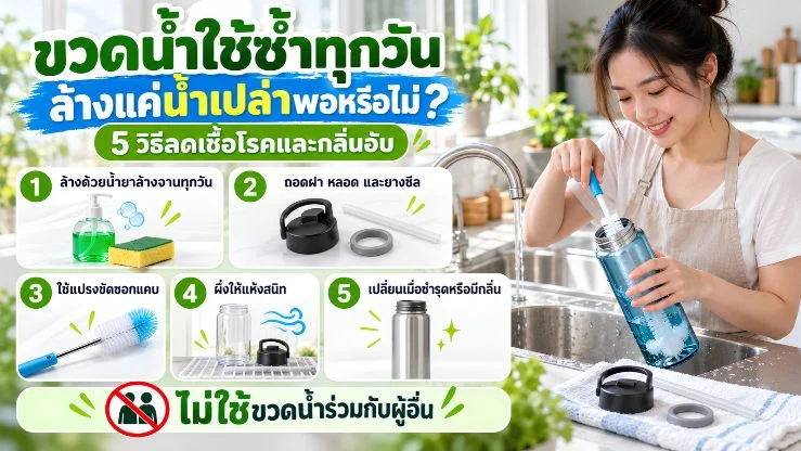 “ขวดน้ำใช้ซ้ำทุกวัน” ล้างแค่น้ำเปล่าพอหรือไม่? 5 วิธีลดการสะสมของเชื้อโรคและกลิ่นอับ