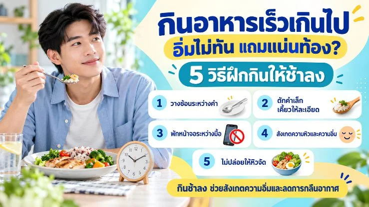 “กินอาหารเร็วเกินไป” ส่งผลต่อความอิ่มและระบบย่อยอย่างไร? 5 วิธีฝึกกินให้ช้าลง